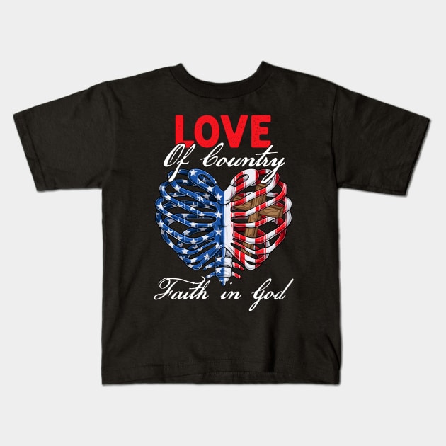 Patriotic Christian Faith In God Heart Cross American Flag Kids T-Shirt by peskyrubeus